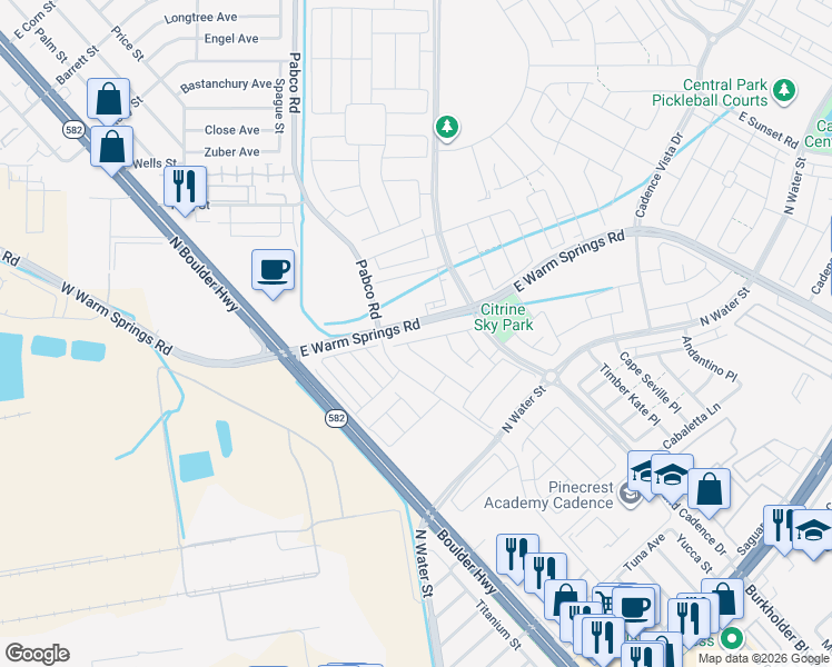 map of restaurants, bars, coffee shops, grocery stores, and more near 107 Tardando Avenue in Henderson