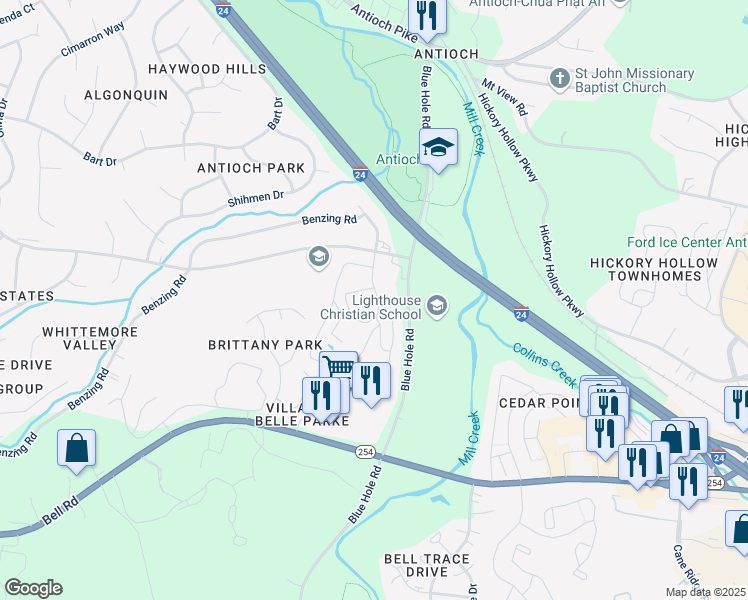 map of restaurants, bars, coffee shops, grocery stores, and more near 316 Blue Lake Circle in Nashville
