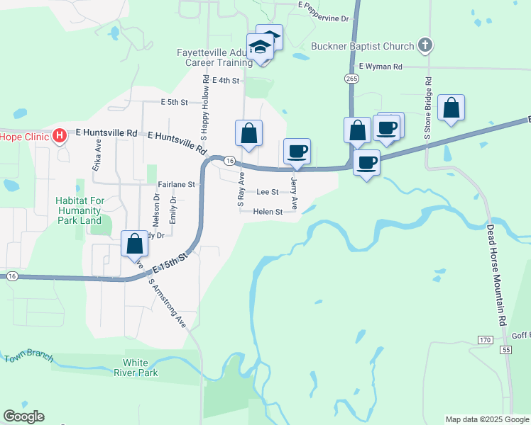 map of restaurants, bars, coffee shops, grocery stores, and more near 1941 Helen Street in Fayetteville