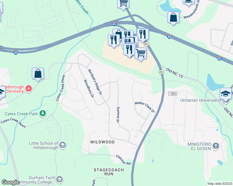 map of restaurants, bars, coffee shops, grocery stores, and more near 2302 Summit Drive in Hillsborough