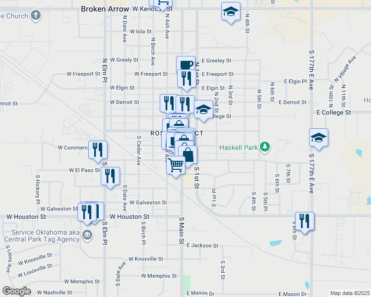 map of restaurants, bars, coffee shops, grocery stores, and more near 220 South 1st Street in Broken Arrow