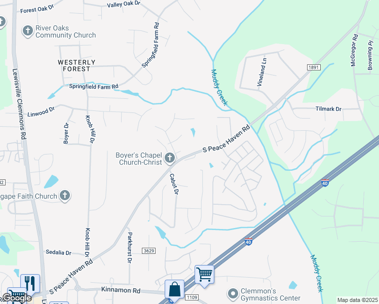 map of restaurants, bars, coffee shops, grocery stores, and more near 784 South Peace Haven Road in Winston-Salem