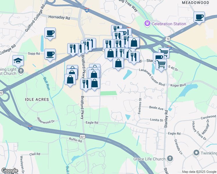 map of restaurants, bars, coffee shops, grocery stores, and more near 405 Tullow Trail in Greensboro