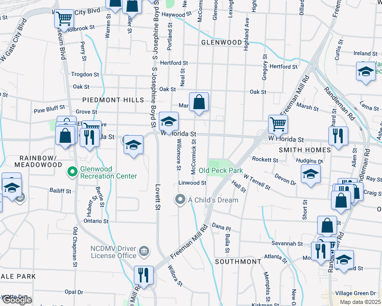 map of restaurants, bars, coffee shops, grocery stores, and more near 1516 McCormick Street in Greensboro