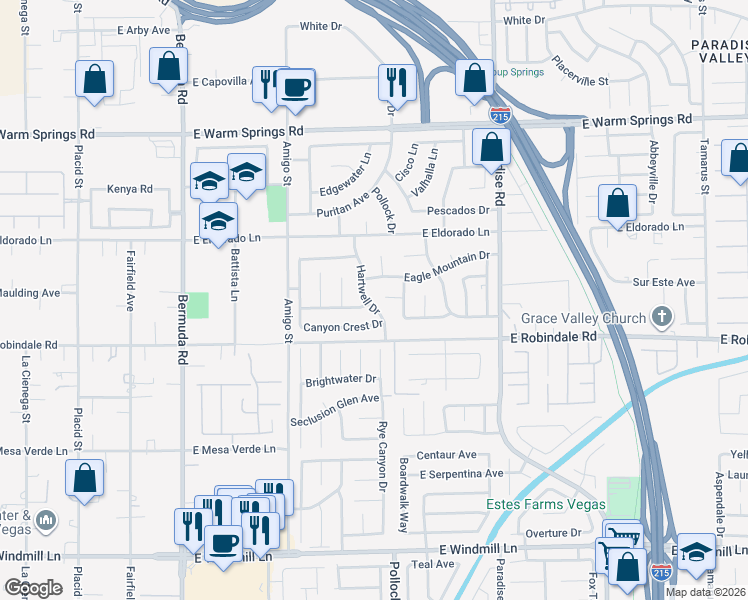 map of restaurants, bars, coffee shops, grocery stores, and more near 7630 Hartwell Drive in Las Vegas
