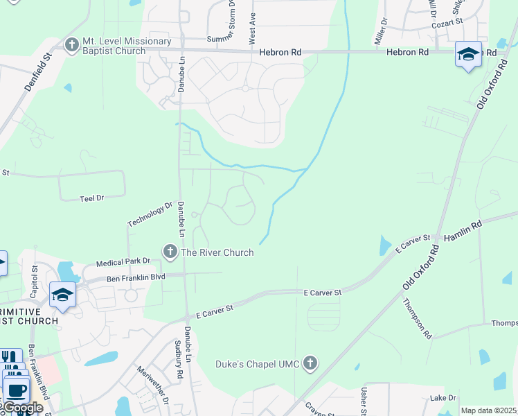 map of restaurants, bars, coffee shops, grocery stores, and more near 4500 Danube Lane in Durham