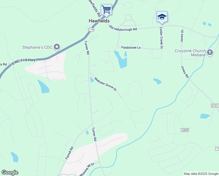 map of restaurants, bars, coffee shops, grocery stores, and more near 1897 Webster Grove Drive in Mebane