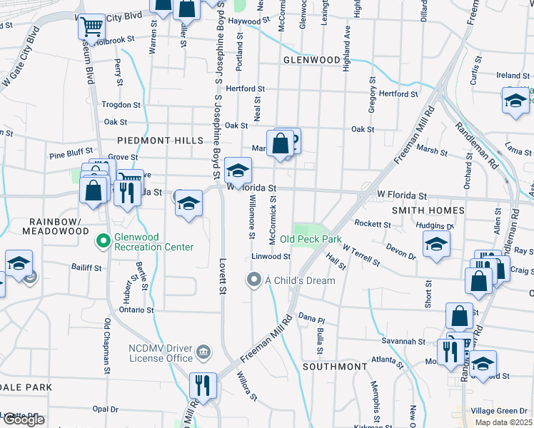 map of restaurants, bars, coffee shops, grocery stores, and more near 1516 McCormick Street in Greensboro