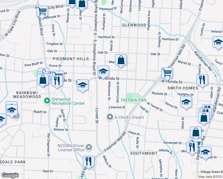 map of restaurants, bars, coffee shops, grocery stores, and more near 1519 Willomore Street in Greensboro