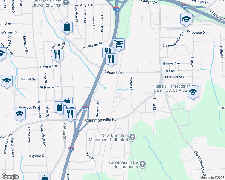 map of restaurants, bars, coffee shops, grocery stores, and more near 3216 Starlight Drive in Winston-Salem
