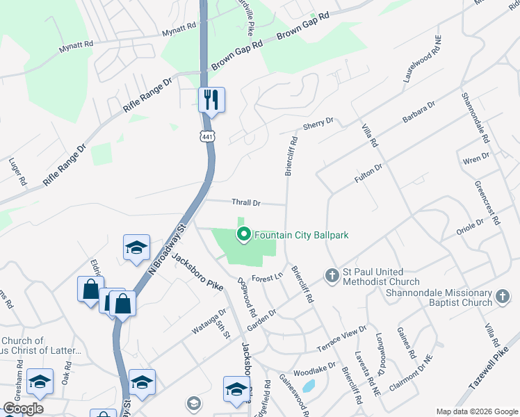 map of restaurants, bars, coffee shops, grocery stores, and more near 3816 Thrall Drive in Knoxville