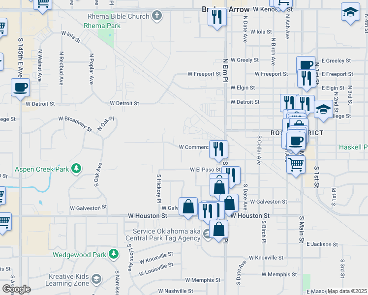 map of restaurants, bars, coffee shops, grocery stores, and more near 741 West Commercial Street in Broken Arrow