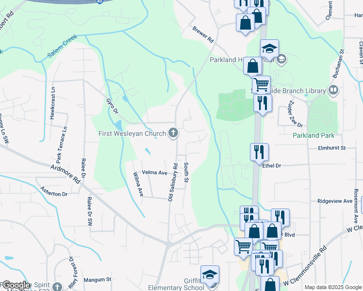 map of restaurants, bars, coffee shops, grocery stores, and more near 1656 Old Salisbury Road in Winston-Salem