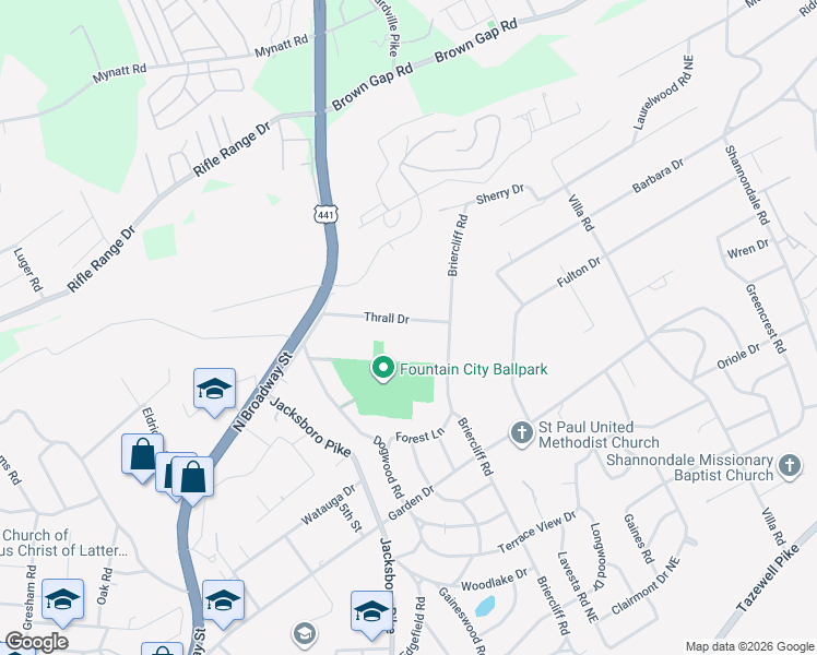 map of restaurants, bars, coffee shops, grocery stores, and more near 3816 Thrall Drive in Knoxville