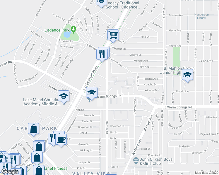 map of restaurants, bars, coffee shops, grocery stores, and more near 1030 Center Street in Henderson
