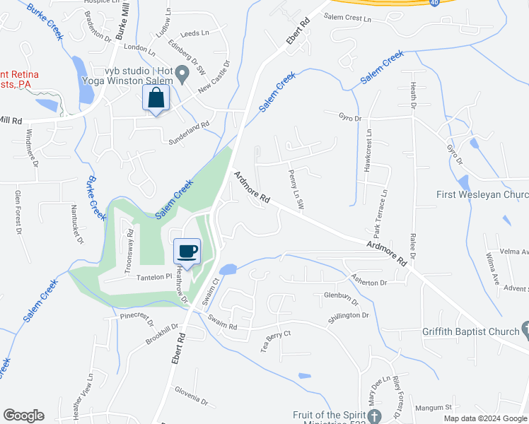 map of restaurants, bars, coffee shops, grocery stores, and more near 2000 Bluff View Drive in Winston-Salem