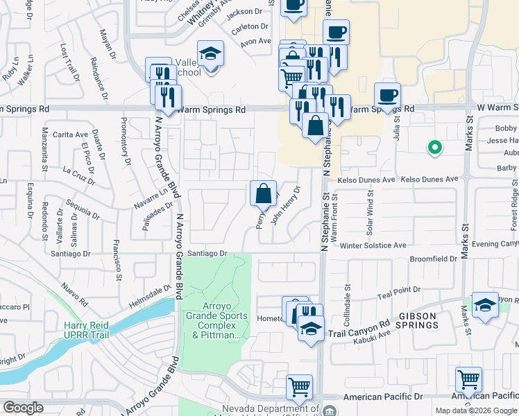 map of restaurants, bars, coffee shops, grocery stores, and more near 327 Perry Ellis Drive in Henderson