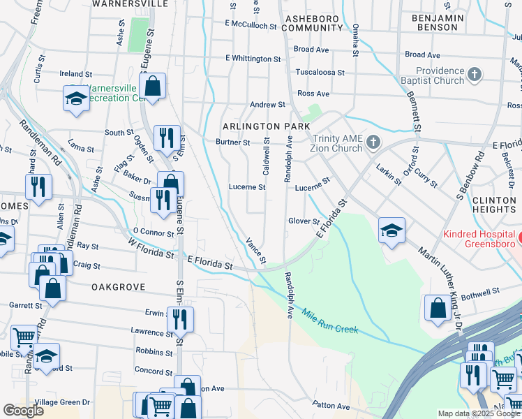 map of restaurants, bars, coffee shops, grocery stores, and more near 1412 Caldwell Street in Greensboro