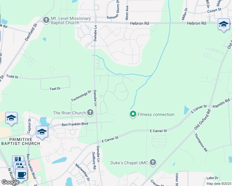 map of restaurants, bars, coffee shops, grocery stores, and more near 4302 Flintlock Lane in Durham