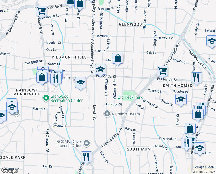 map of restaurants, bars, coffee shops, grocery stores, and more near 1519 Willomore Street in Greensboro