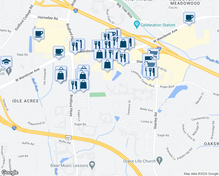 map of restaurants, bars, coffee shops, grocery stores, and more near 5412 Strasburg Court in Greensboro