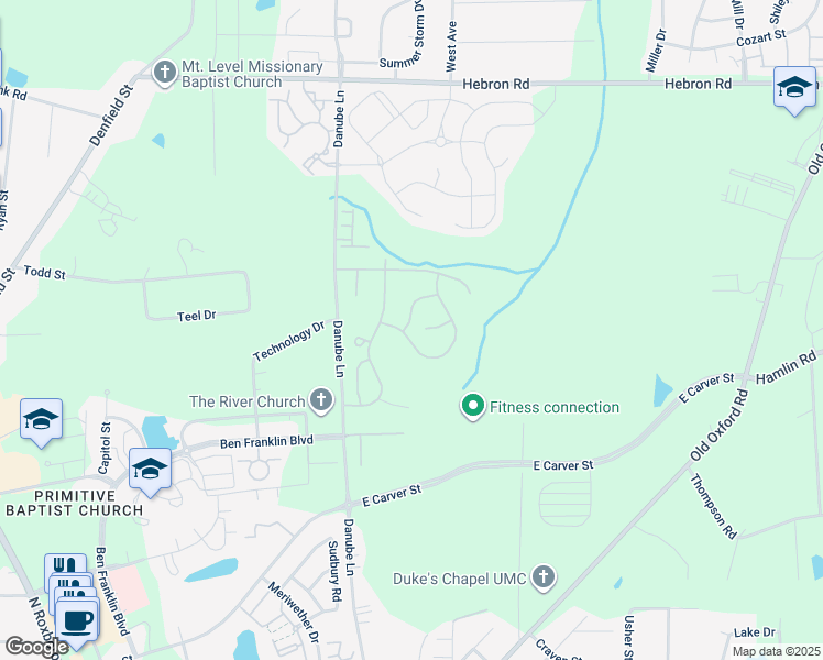 map of restaurants, bars, coffee shops, grocery stores, and more near 4302 Flintlock Lane in Durham