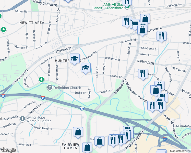 map of restaurants, bars, coffee shops, grocery stores, and more near 3407 Center Street in Greensboro