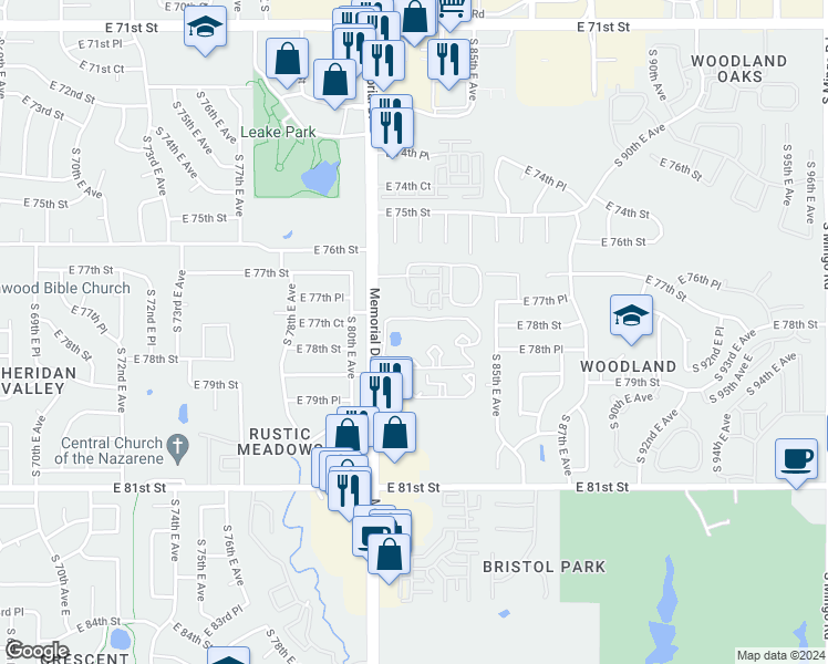 map of restaurants, bars, coffee shops, grocery stores, and more near 7727 South Memorial Drive in Tulsa