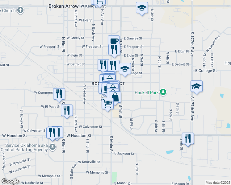 map of restaurants, bars, coffee shops, grocery stores, and more near 220 South 1st Street in Broken Arrow