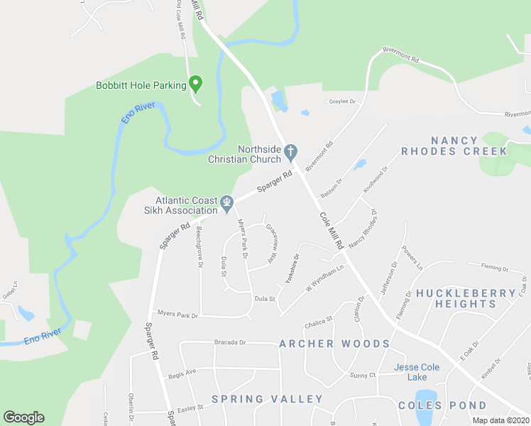 map of restaurants, bars, coffee shops, grocery stores, and more near 2 North Ridge Place in Durham