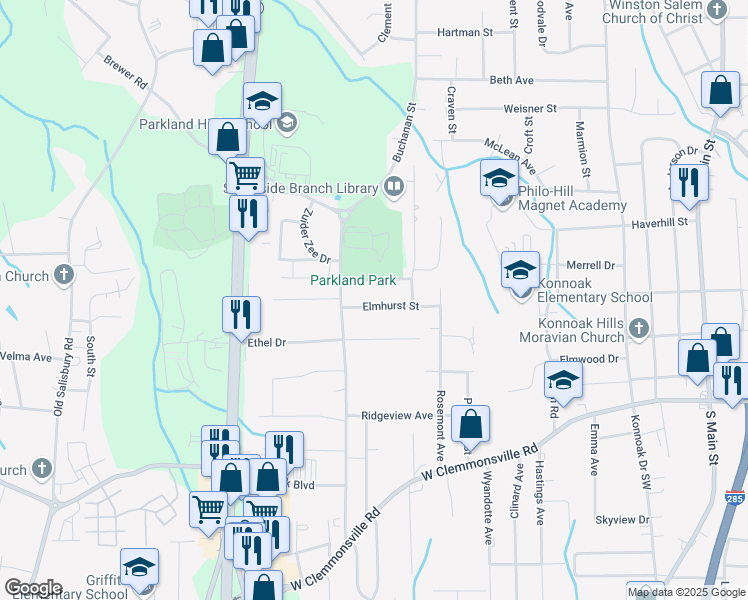 map of restaurants, bars, coffee shops, grocery stores, and more near 921 Elmhurst Street in Winston-Salem