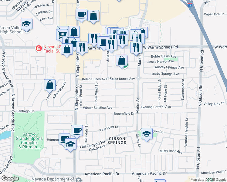 map of restaurants, bars, coffee shops, grocery stores, and more near 1307 Bayleaf Terrace Avenue in Henderson