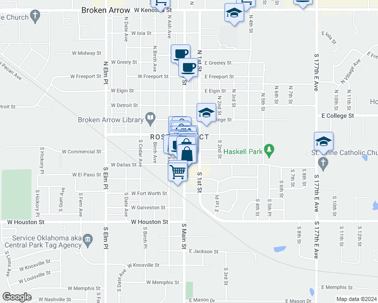 map of restaurants, bars, coffee shops, grocery stores, and more near 201 South Main Street in Broken Arrow