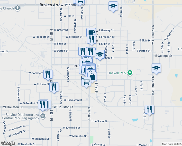 map of restaurants, bars, coffee shops, grocery stores, and more near 220 South 1st Street in Broken Arrow