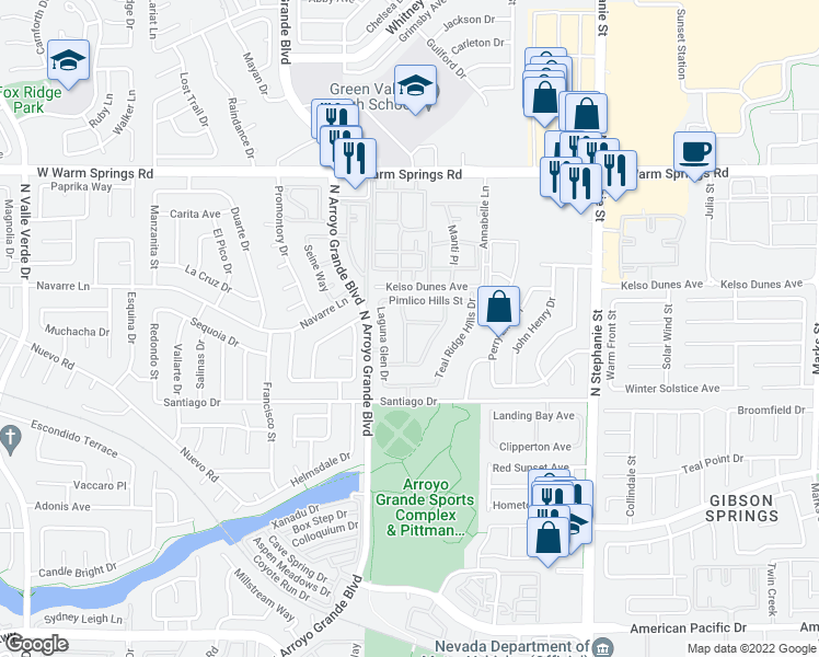 map of restaurants, bars, coffee shops, grocery stores, and more near 1583 Comfort Hills Street in Henderson