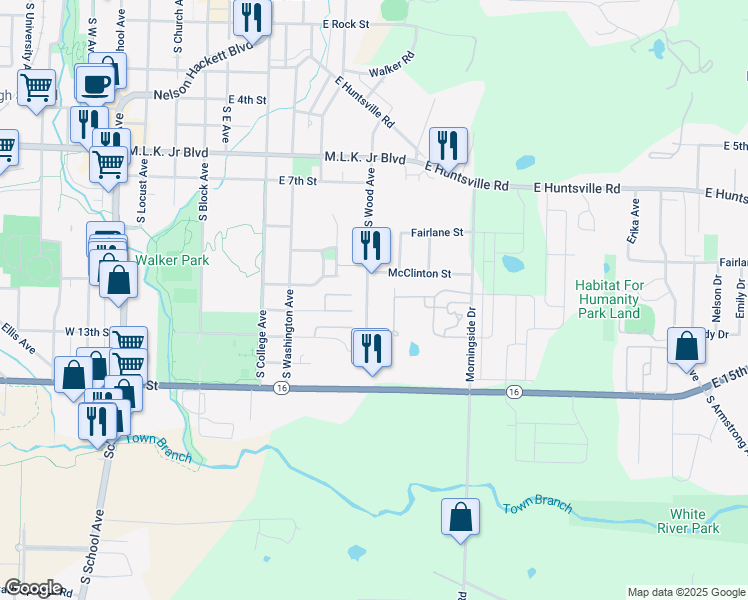 map of restaurants, bars, coffee shops, grocery stores, and more near 1108 South Wood Avenue in Fayetteville