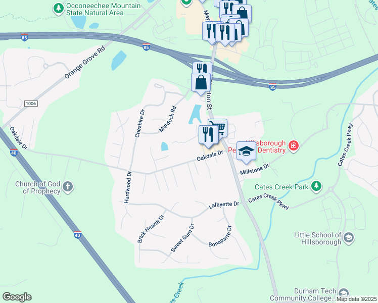 map of restaurants, bars, coffee shops, grocery stores, and more near 213 Oakdale Drive in Hillsborough