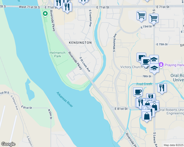 map of restaurants, bars, coffee shops, grocery stores, and more near 7756 South Trenton Avenue in Tulsa