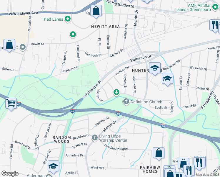 map of restaurants, bars, coffee shops, grocery stores, and more near 1313 Echo Street in Greensboro