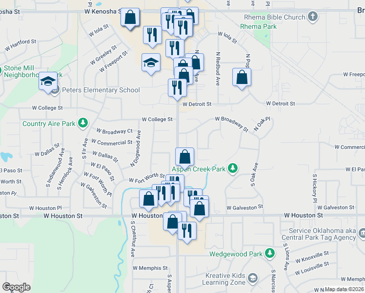 map of restaurants, bars, coffee shops, grocery stores, and more near 305 South Beech Avenue in Broken Arrow