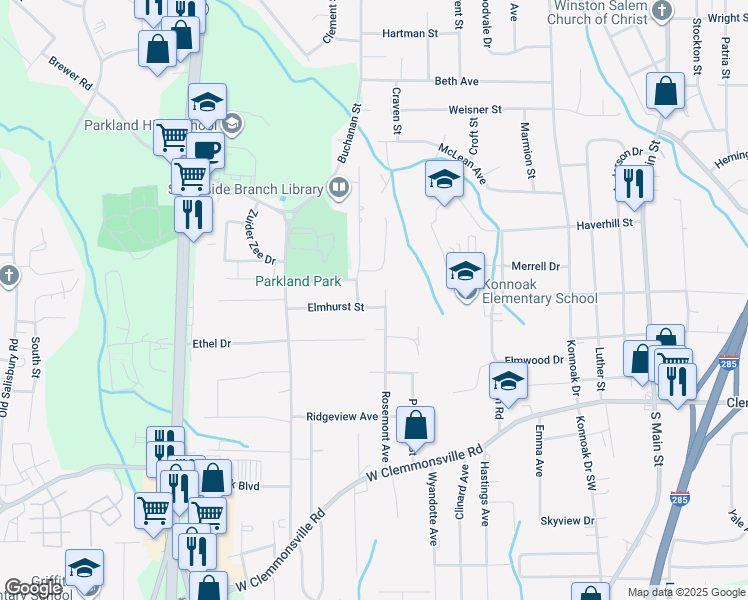 map of restaurants, bars, coffee shops, grocery stores, and more near 902 Elmhurst Street in Winston-Salem
