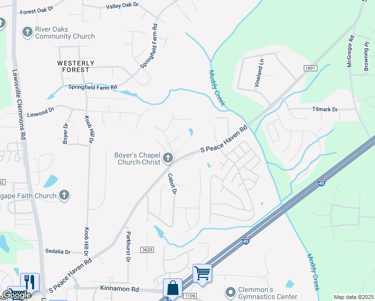 map of restaurants, bars, coffee shops, grocery stores, and more near 784 South Peace Haven Road in Winston-Salem