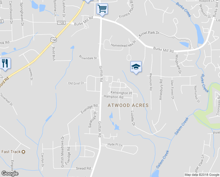 map of restaurants, bars, coffee shops, grocery stores, and more near 3399 Myers Court in Winston-Salem