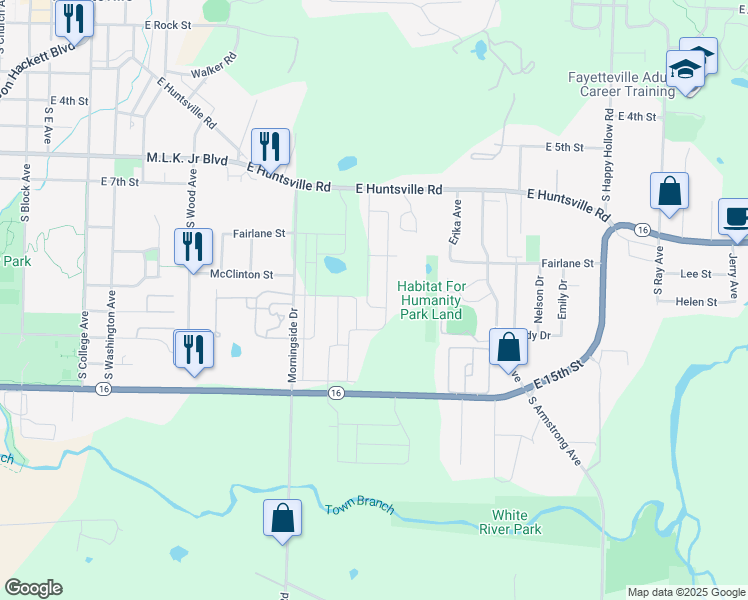 map of restaurants, bars, coffee shops, grocery stores, and more near 792 South Seven Hills Court in Fayetteville
