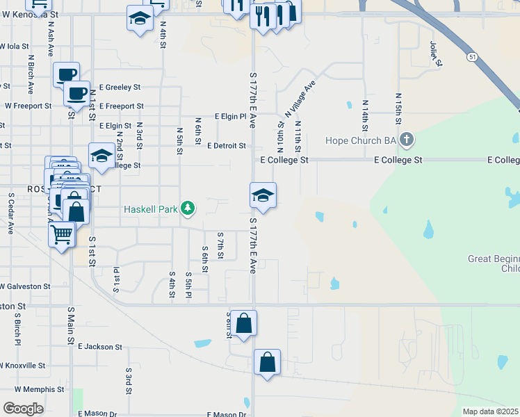 map of restaurants, bars, coffee shops, grocery stores, and more near 209 South 9th Street in Broken Arrow