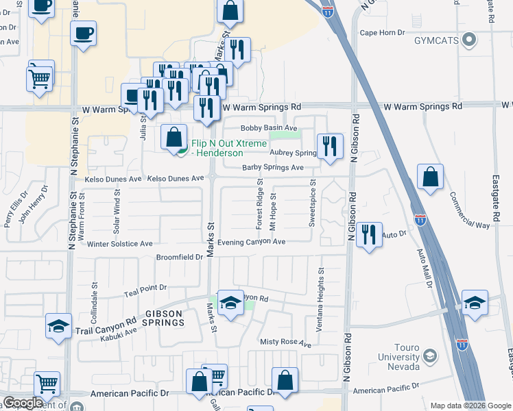 map of restaurants, bars, coffee shops, grocery stores, and more near 1191 Starstone Court in Henderson
