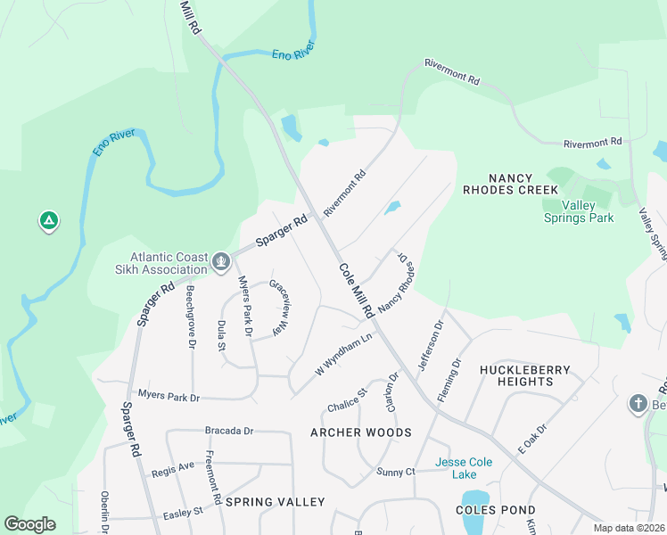 map of restaurants, bars, coffee shops, grocery stores, and more near 3707 Cole Mill Road in Durham