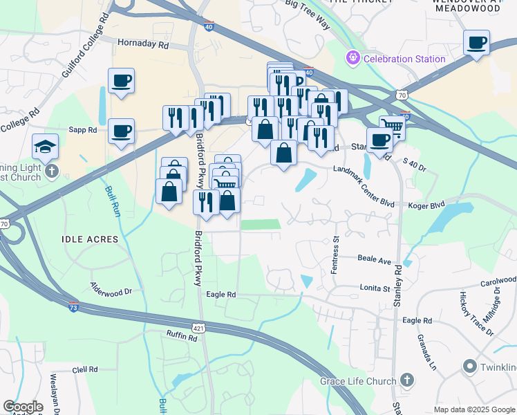 map of restaurants, bars, coffee shops, grocery stores, and more near 6115 Landmark Center Boulevard in Greensboro