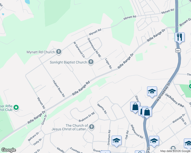 map of restaurants, bars, coffee shops, grocery stores, and more near 2808 Rifle Range Road in Knoxville