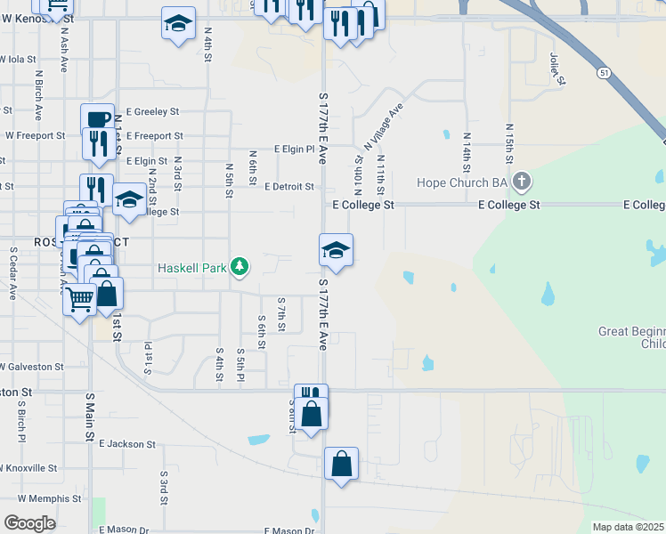 map of restaurants, bars, coffee shops, grocery stores, and more near 209 South 9th Street in Broken Arrow